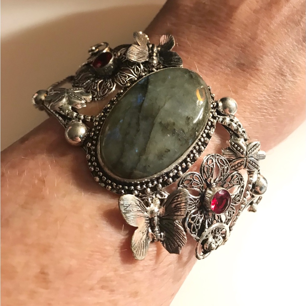 Labradorite Garnet Stamped 925 Sterling Silver Cuff Bracelet